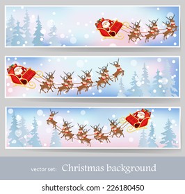 Santa Claus rides reindeer sleigh. Banner set of winter landscape. Christmas vector illustration