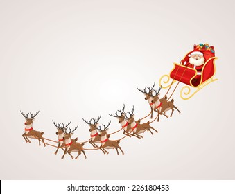 Santa Claus rides reindeer sleigh. Christmas vector illustration