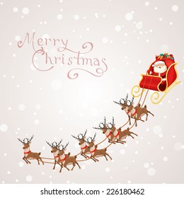 Santa Claus rides reindeer sleigh. Winter landscape. Christmas vector illustration