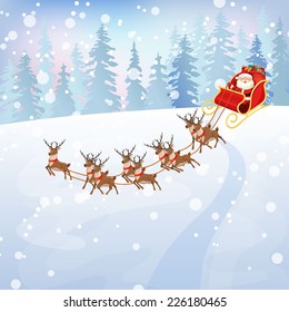 Santa Claus rides reindeer sleigh. Winter landscape. Christmas vector illustration