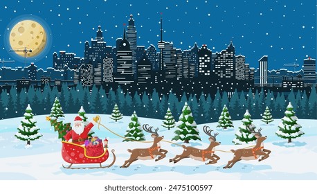 Santa claus rides reindeer sleigh. Christmas winter cityscape, snowflakes and trees. Happy new year decoration. Merry christmas holiday. New year and xmas celebration. Vector illustration flat style