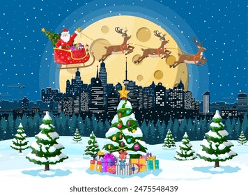 Santa claus rides reindeer sleigh. Christmas winter cityscape, snowflakes and trees. Happy new year decoration. Merry christmas holiday. New year and xmas celebration. Vector illustration flat style