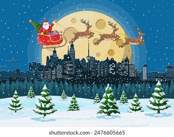 Santa claus rides reindeer sleigh. Christmas winter cityscape, snowflakes and trees. Happy new year decoration. Merry christmas holiday. New year and xmas celebration. Vector illustration flat style