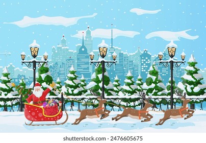 Santa claus rides reindeer sleigh. Christmas winter cityscape, snowflakes and trees. Happy new year decoration. Merry christmas holiday. New year and xmas celebration. Vector illustration flat style