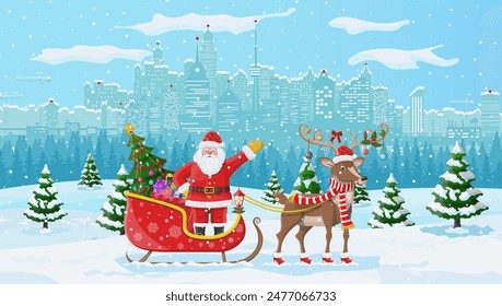 Santa claus rides reindeer sleigh. Christmas winter cityscape, snowflakes and trees. Happy new year decoration. Merry christmas holiday. New year and xmas celebration. Vector illustration flat style