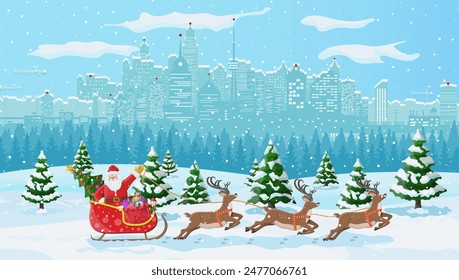 Santa claus rides reindeer sleigh. Christmas winter cityscape, snowflakes and trees. Happy new year decoration. Merry christmas holiday. New year and xmas celebration. Vector illustration flat style