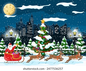 Santa claus rides reindeer sleigh. Christmas winter cityscape, fir tree, buildings. Happy new year decoration. Merry christmas holiday. New year and xmas celebration. Vector illustration flat style