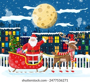 Santa claus rides reindeer sleigh. Christmas winter cityscape, snowflakes, buildings. Happy new year decoration. Merry christmas holiday. New year and xmas celebration. Vector illustration flat style