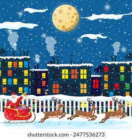 Santa claus rides reindeer sleigh. Christmas winter cityscape, snowflakes, buildings. Happy new year decoration. Merry christmas holiday. New year and xmas celebration. Vector illustration flat style