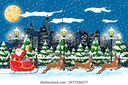 Santa claus rides reindeer sleigh. Christmas winter cityscape, snowflakes, buildings. Happy new year decoration. Merry christmas holiday. New year and xmas celebration. Vector illustration flat style