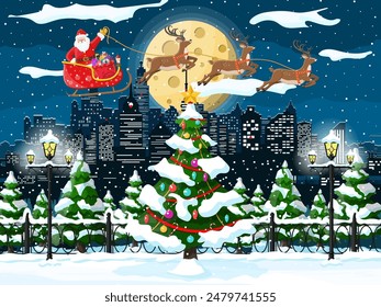 Santa claus rides reindeer sleigh. Christmas winter cityscape, fir tree, buildings. Happy new year decoration. Merry christmas holiday. New year and xmas celebration. Vector illustration flat style