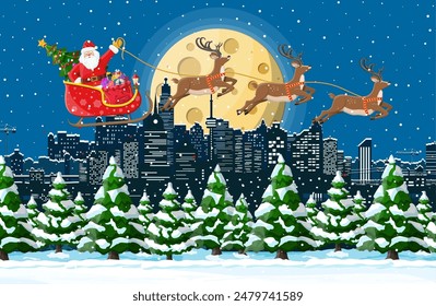 Santa claus rides reindeer sleigh. Christmas winter cityscape, snowflakes, buildings. Happy new year decoration. Merry christmas holiday. New year and xmas celebration. Vector illustration flat style