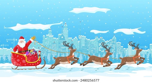 Santa claus rides reindeer sleigh. Christmas winter cityscape, snowflakes and trees. Happy new year decoration. Merry christmas holiday. New year and xmas celebration. Vector illustration flat style