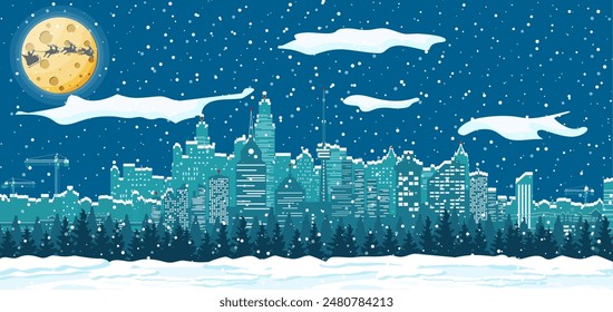 Santa claus rides reindeer sleigh. Christmas winter cityscape, snowflakes and trees. Happy new year decoration. Merry christmas holiday. New year and xmas celebration. Vector illustration flat style