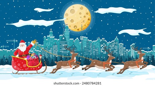 Santa claus rides reindeer sleigh. Christmas winter cityscape, snowflakes and trees. Happy new year decoration. Merry christmas holiday. New year and xmas celebration. Vector illustration flat style