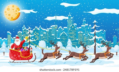 Santa claus rides reindeer sleigh. Christmas winter cityscape, snowflakes and trees. Happy new year decoration. Merry christmas holiday. New year and xmas celebration. Vector illustration flat style