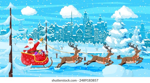 Santa claus rides reindeer sleigh. Christmas winter cityscape, snowflakes and trees. Happy new year decoration. Merry christmas holiday. New year and xmas celebration. Vector illustration flat style