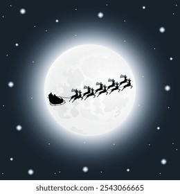 Santa Claus rides reindeer in a sleigh sled. 