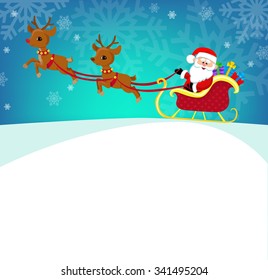 Santa Claus rides reindeer sleigh on Christmas. Vector illustration.