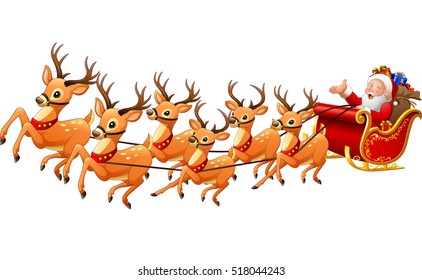 Santa Claus rides reindeer sleigh on Christmas