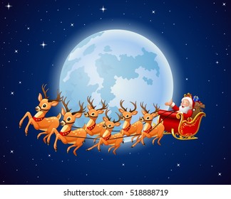 Santa Claus rides reindeer sleigh against a full moon background