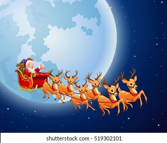 Santa Claus rides reindeer sleigh against a full moon background