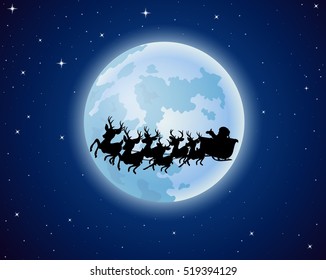 Santa Claus rides reindeer sleigh silhouette against a full moon background 