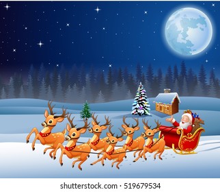 Santa Claus rides reindeer sleigh on Christmas night