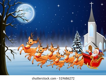 Santa Claus rides reindeer sleigh in front of church in Christmas night