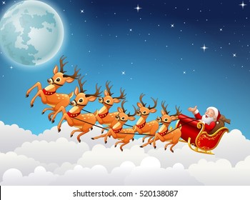 Santa Claus rides reindeer sleigh flying in the sky