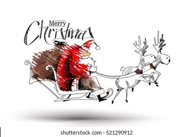 Santa Claus rides reindeer sleigh flying in the white background