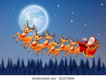 Santa Claus Rides Reindeer Sleigh Flying In The Sky