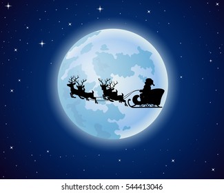Santa Claus rides reindeer sleigh silhouette against a full moon background 
