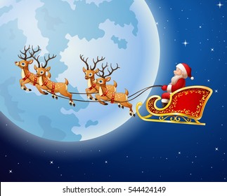 Santa Claus rides reindeer sleigh against a full moon background