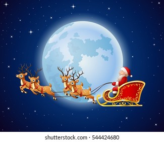 Santa Claus rides reindeer sleigh against a full moon background