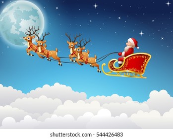 Santa Claus rides reindeer sleigh flying in the sky
