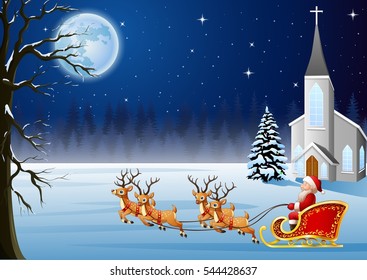 Santa Claus rides reindeer sleigh in front of church in Christmas night