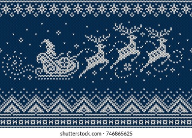 Santa Claus Rides Reindeer Sleigh Silhouette. Winter Holiday Seamless Knitted Pattern. Knitting Wool Sweater Design