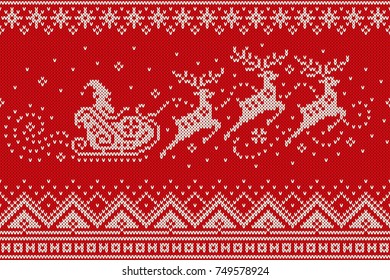 Santa Claus Rides Reindeer Sleigh Silhouette. Christmas Seamless Knitted Pattern. Knitting Wool Sweater Design
