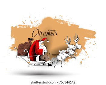 Santa Claus rides reindeer sleigh flying in the white background
