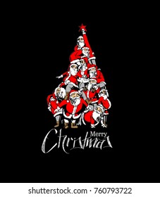 Santa Claus rides reindeer sleigh flying in the white background