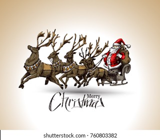 Santa Claus rides reindeer sleigh flying in the white background