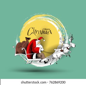 Santa Claus rides reindeer sleigh flying in the green background.