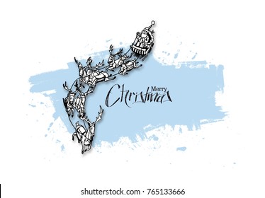 Santa Claus rides reindeer sleigh flying in the white background.