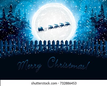 Santa Claus rides in a reindeer sleigh.Holiday greeting card vector.