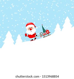 Santa Claus Rides Ski With Sleigh Downhill In Forest Snow Blue