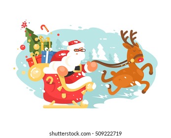 Santa Claus rides in sleigh