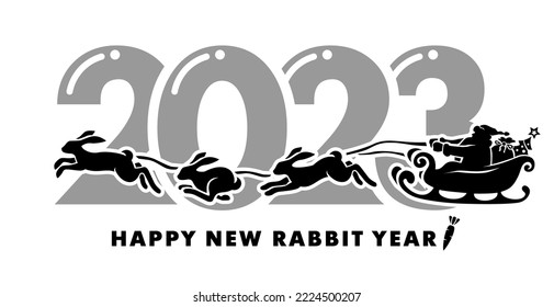 Santa Claus rides in a sleigh with gifts pulled by rabbits. 2023 Chinese new year, vector christmas card on transparent background