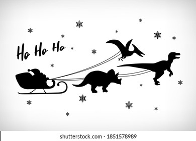 Santa Claus rides in a sleigh in harness on the dinosaurs black silhouette. Lettering Ho Ho Ho. Christmas design vector illustration.