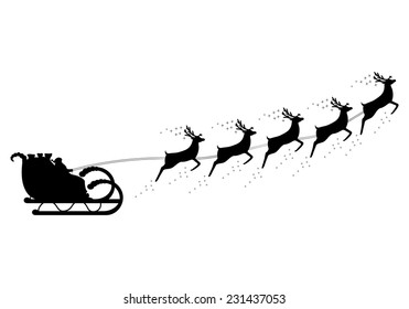 Santa Claus rides in a sleigh in harness on the reindeer 